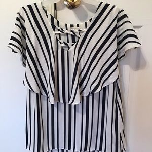 Navy blue and white striped ladies blouse.
